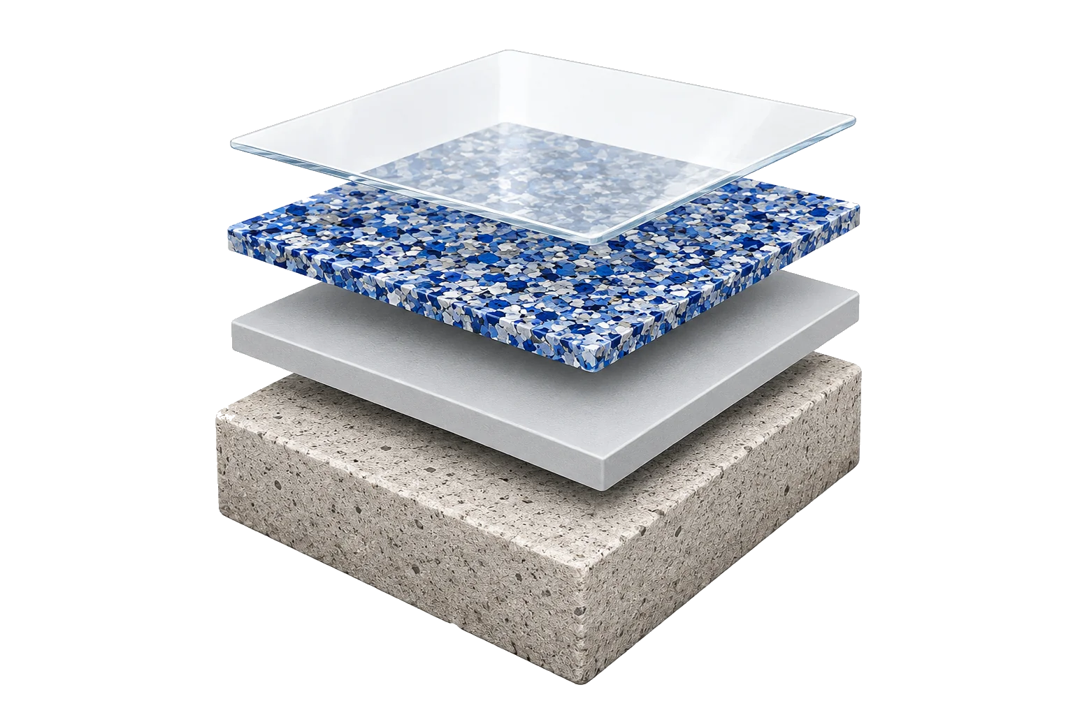 Exploded cross-section of the DFW Coatings system: prepared concrete base, epoxy base coat, decorative flake or quartz layer, and a glossy UV-stable polyaspartic topcoat